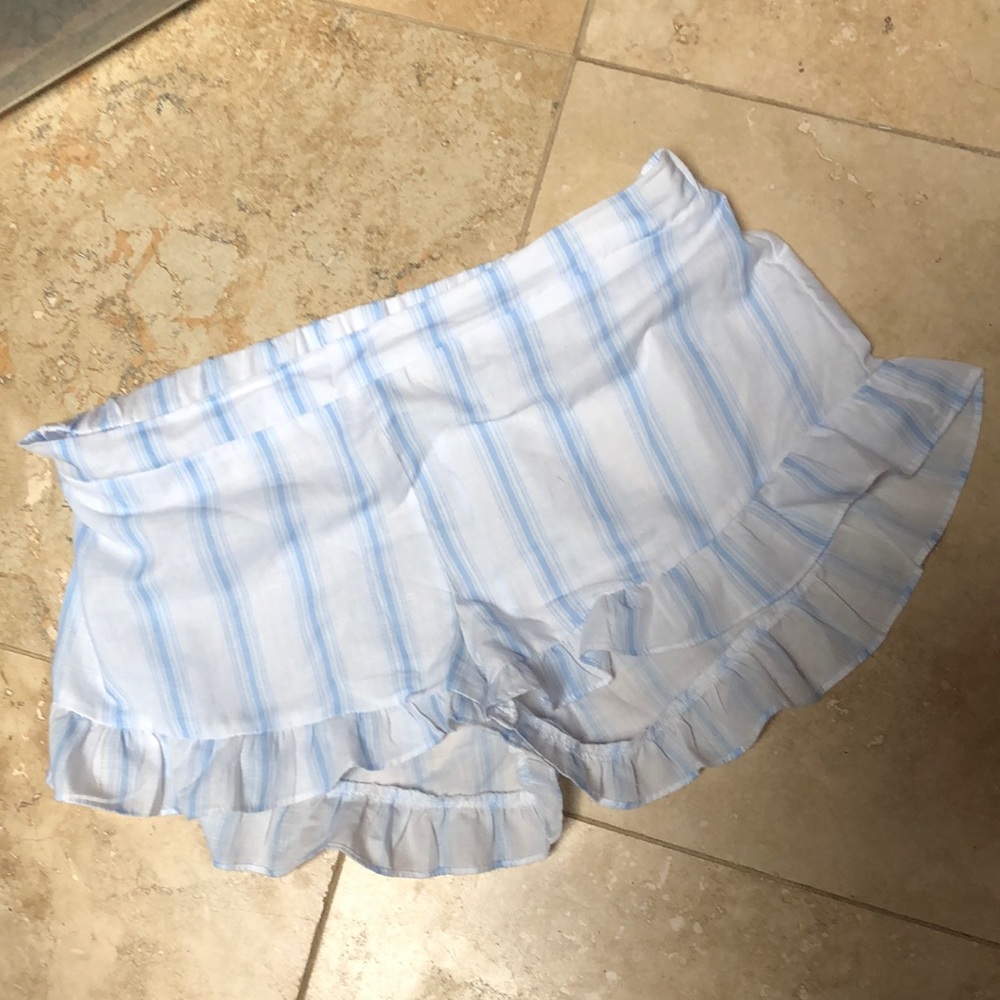 MIKEN Swim shorts XL light blue & White ruffle and elastic on back of waist.